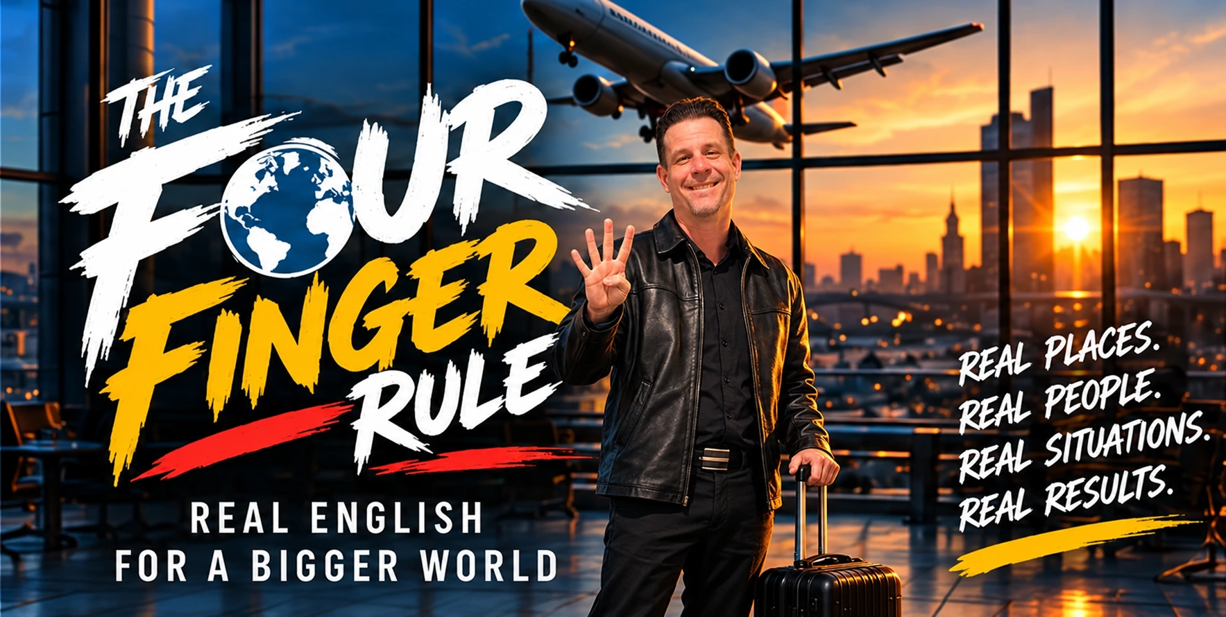Colin Lee MacLeod in a black leather jacket holding up four fingers at the airport. Real English for a bigger world.