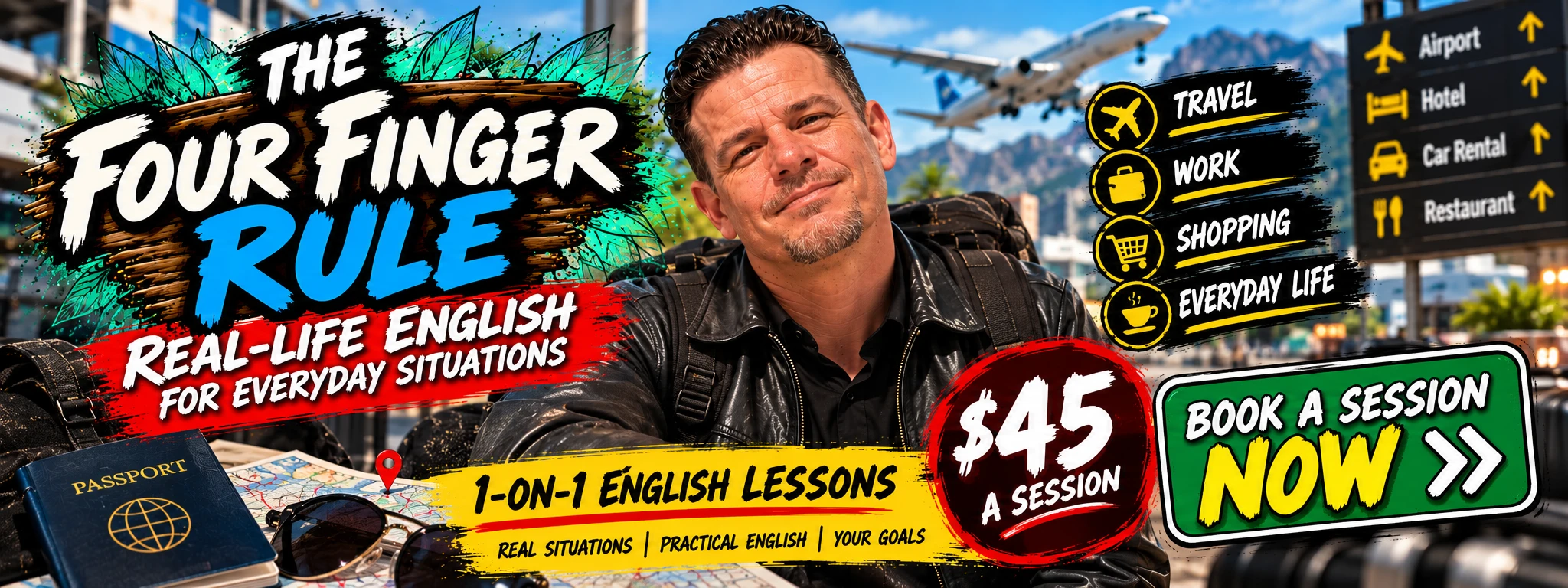 Colin’s Four Finger Rule one-on-one English lessons banner: travel, work, shopping and everyday life, $45 a session.