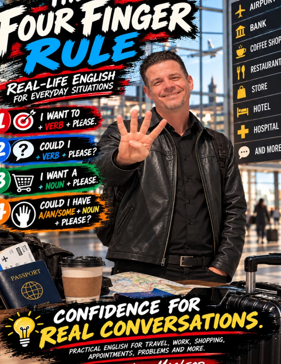 The Four Finger Rule Master Edition cover with Colin, airport signage and practical English templates.